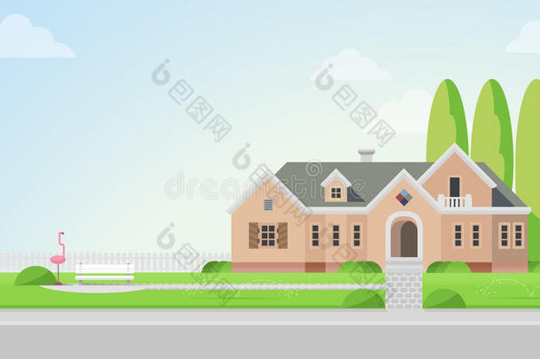 农村豪宅房子与后院在矢量平面风格