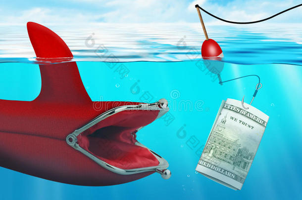 商业风险概念，金钱诱饵在海洋上抓住钱包
