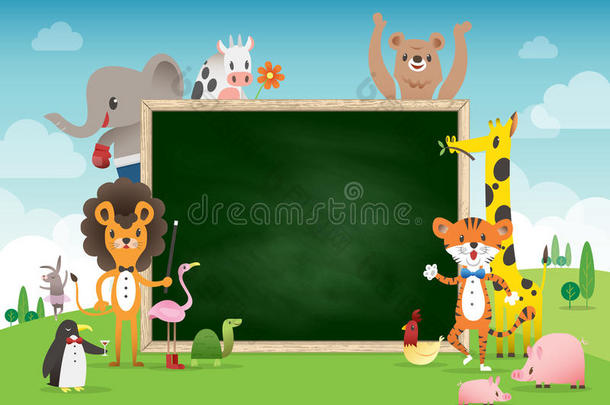动物卡通框架边框模板与绿色粉笔板