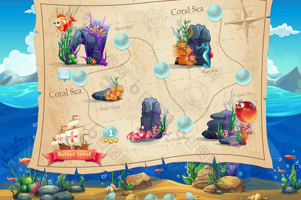 鱼世界-插图示例屏幕级别，游戏界面