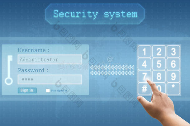 手动按下触摸屏界面登录和密码的按钮与未来的安全系统