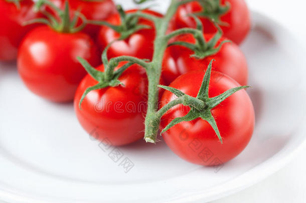白色<strong>陶瓷盘</strong>子上的新鲜西红柿