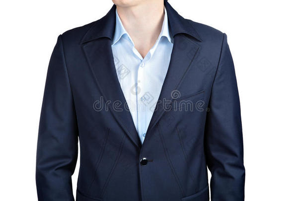 特写时尚深蓝色夹克男子婚纱新郎。
