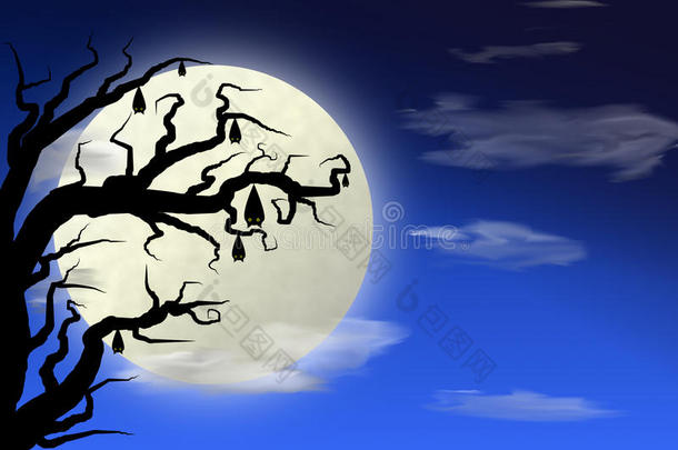 满月和蝙蝠在<strong>深蓝</strong>色的<strong>天空</strong>的树上