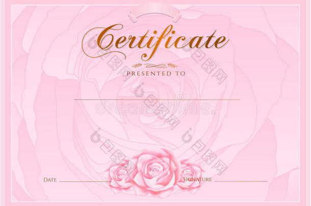 证书，毕业证书（玫瑰设计模板，花卉背景）与花卉，图案，边框，框架