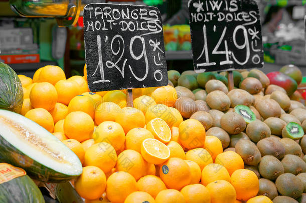 西班牙市场上的橘子和猕猴桃长凳，有<strong>价目</strong>表
