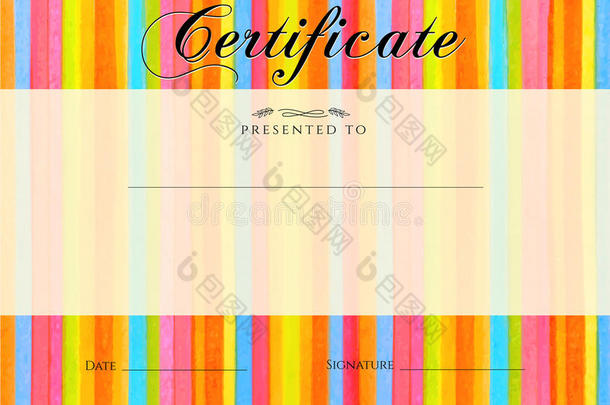 证书，毕业证书与彩色条纹（条纹边框）背景。 矢量水彩与彩虹线图案