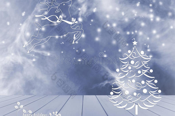 圣诞树驯鹿和蓝色背景上的雪。 蓝色空木桌准备为您的产品展示蒙太奇。 快乐的假期