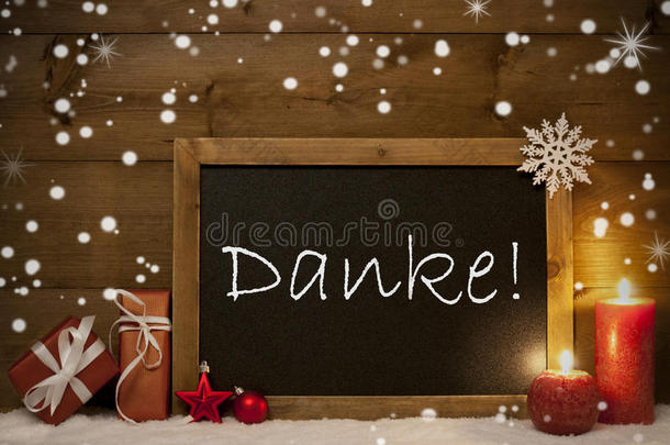 圣诞卡，黑板，雪花，丹克的意思是谢谢