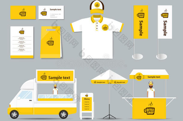 概念企业品牌标识模拟模板咖啡厅和餐厅。 卡片。 菜单。 马球衫。 矢量。 黄色的