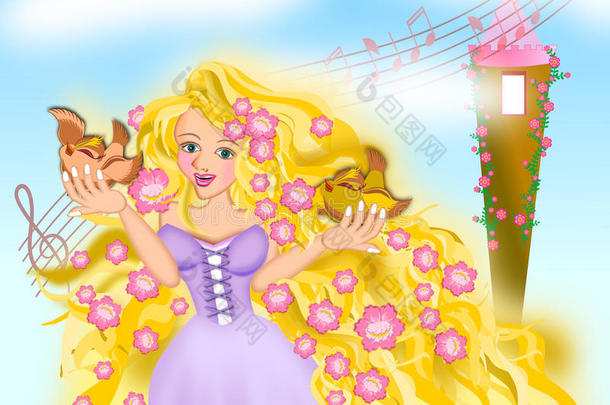 金色头发公主莴苣在柔和的颜色场景