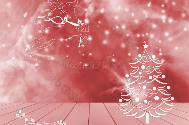 圣诞树，驯鹿和红色背景上的雪。 红色空木桌准备为您的产品展示蒙太奇。 快乐的假期
