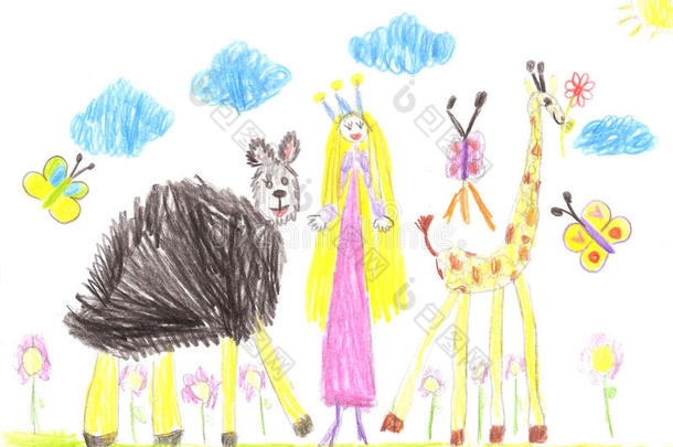 儿童卡通画手画有趣的动物和公主