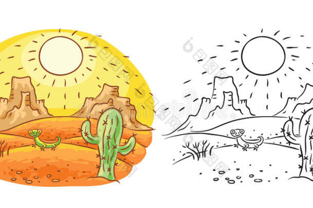沙漠中的卡通蜥蜴和仙人掌，卡通画，黑白相间