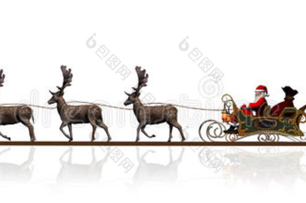 圣诞全景-圣诞老人雪橇，渲染，树木