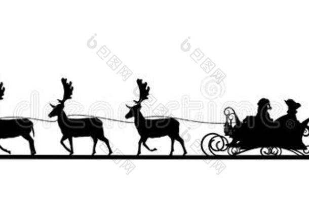 圣诞全景-圣诞老人雪橇，渲染，树木