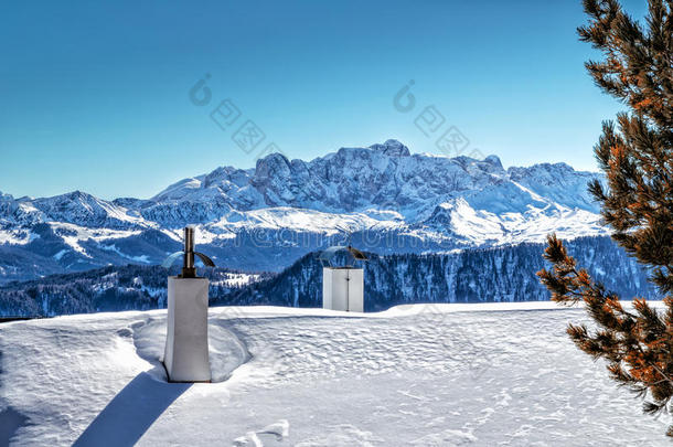高山小屋的烟囱在雪盖豌豆的全景前
