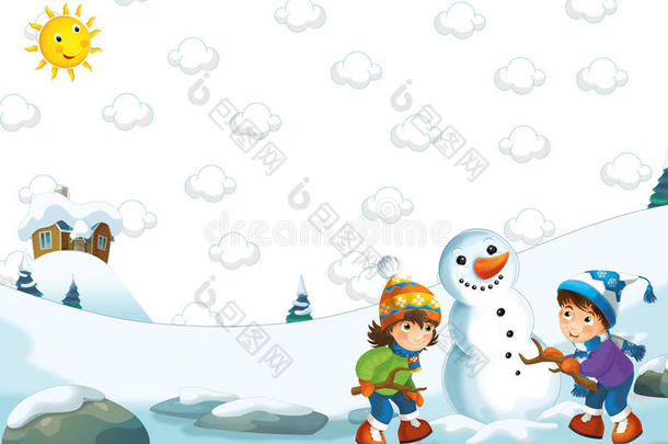 卡通快乐的冬天场景-男孩和女孩堆雪人