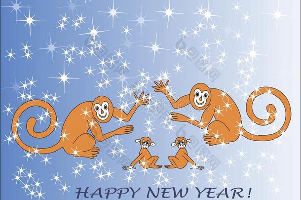 贺卡新年快乐。 中国的新年。 猴子家族，棕色动物