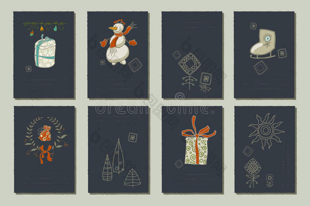 手绘圣诞和<strong>新年</strong>浪漫<strong>邀请</strong>函。 八张温柔的卡片。