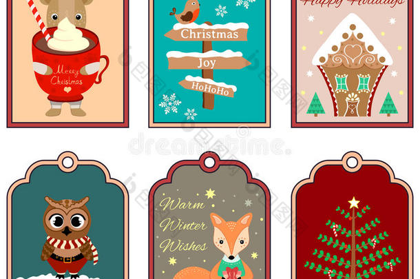 圣诞礼物标签与熊，鸟，姜饼屋，猫头鹰，狐狸和树。 一套节日标签。