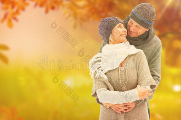 快乐成熟夫妇在冬季服装拥抱的复合形象