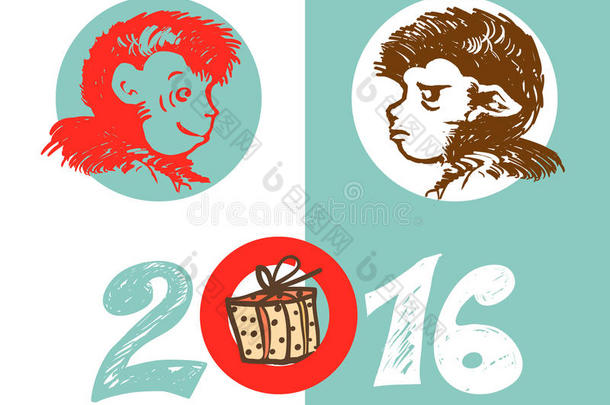2016猴年。两只猴子的矢量插图-快乐和欢快，并在2016年用礼品盒题词。