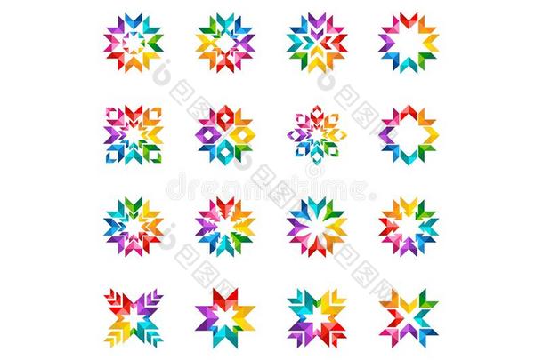 抽象现代圆圈标志，彩虹，箭头，元素，花卉，一组圆形星星和太阳符号图标矢量设计