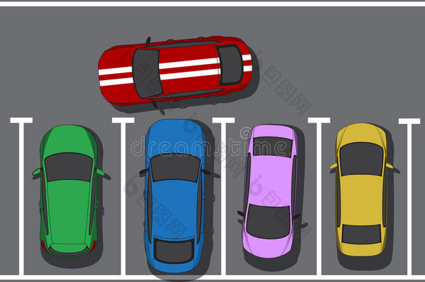 停车不好。 堵住汽车。 汽车顶部视图。 矢量插图