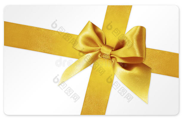 礼品卡与金色丝带蝴蝶结隔离在白色