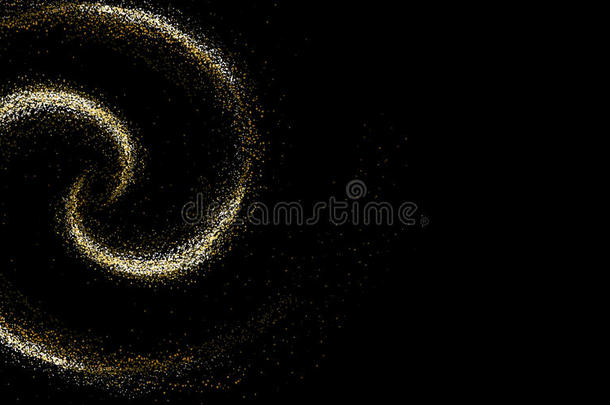 黑色背景上的金色闪光纹理。 金色恒星尘埃的圆形螺旋星系