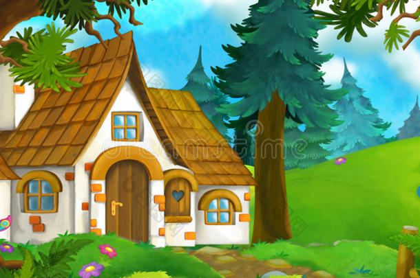 森林里一所旧房子的卡通背景