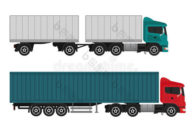 在白色背景下运送货运卡车和半卡车。