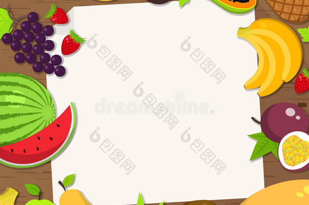 新鲜水果框架背景。 卡片，邀请函，标语牌，横幅模板，平面