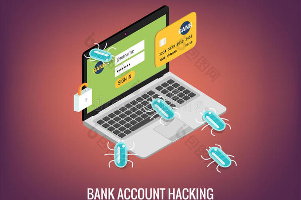 黑客活动计算机和病毒银行账户黑客平面插图。