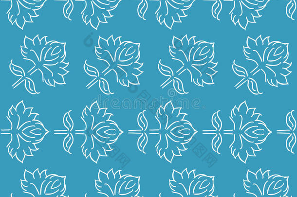 幻想花卉无缝图案与民族风格手绘叶子元素，白色在蓝色，矢量插图