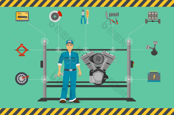 汽车机械<strong>维修服务</strong>中心的概念与调谐诊断平面元素和工人。