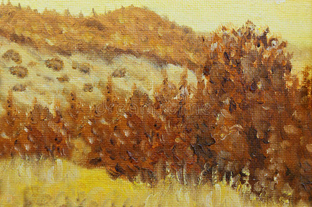 美丽的原始<strong>油画风景</strong>和画布上的树。 海皮亚的颜色。