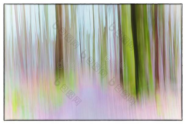 一张慢<strong>快门</strong>速度彩色照片，照片中的树木在森林中显示绿色，橙色的叶子和薰衣草的颜色与褪色的老式FI