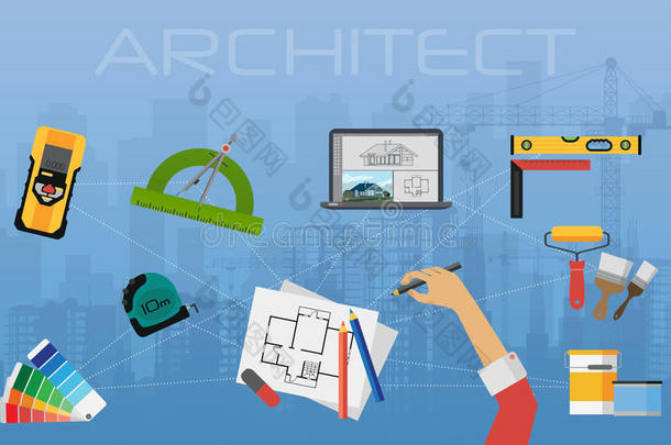 建筑师施工规划和创建过程。 建筑项目，技术概念顶部视图。