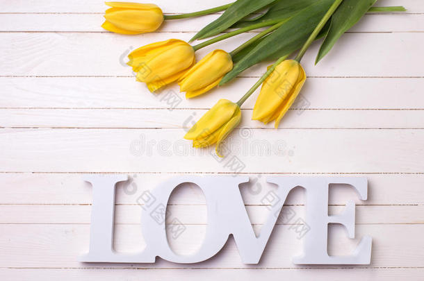 清新的春天，黄色的郁金香，花和文字的爱在白色的树林上