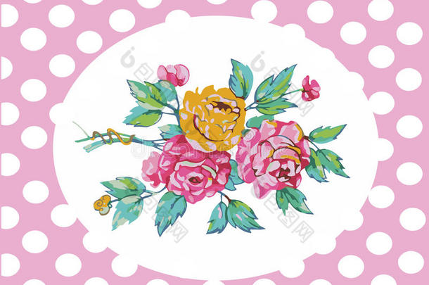 带花的贺卡在粉红色的背景上升起，白色的圆圈
