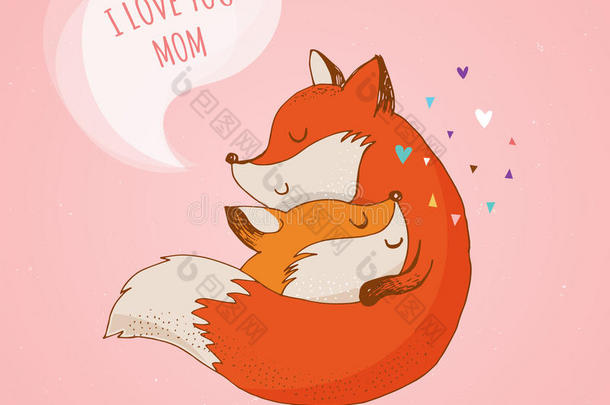 狐狸，可<strong>爱</strong>，可<strong>爱</strong>的插图和问候卡，<strong>母亲节</strong>