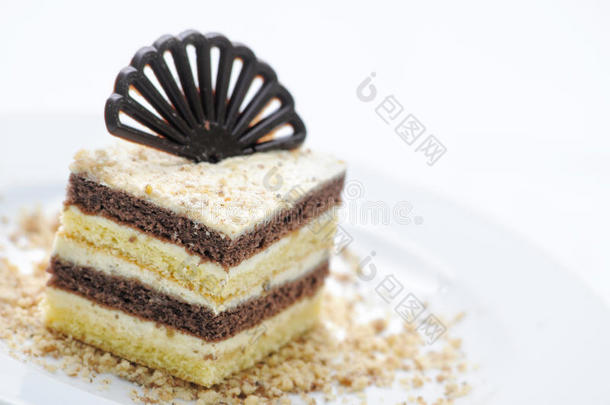 白色盘子上的巧克力蛋糕，蛋糕上的巧克力装饰，在线商店摄影，糕点，甜点