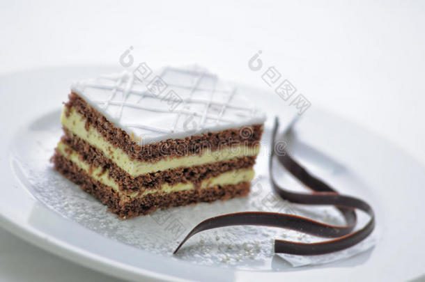 巧克力蛋糕，奶油和巧克力漩涡在白色盘子，甜甜点，糕点，摄影商店