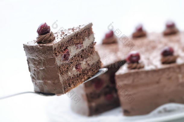 金属勺子上的巧克力蛋糕，白色盘子上的馅饼，樱桃和奶油蛋糕，糕点，商店摄影，生日蛋糕