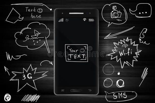 黑色智能手机上的深色木材纹理。 桌子上的手机短信