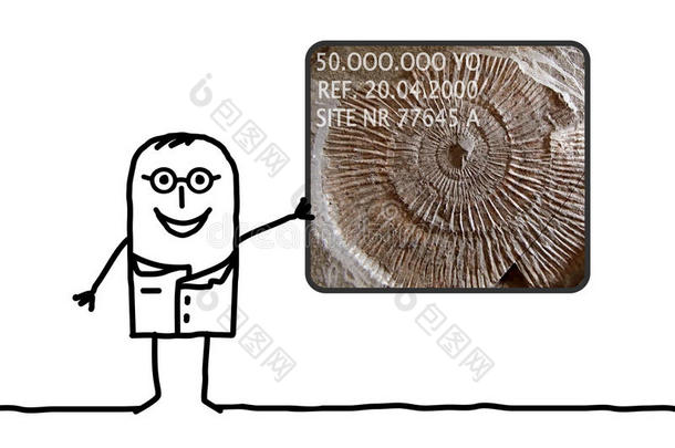 卡通人物古生物学家展示化石