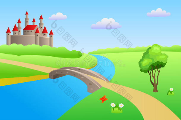 桥河夏季景观日城堡插图