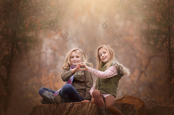 两个金发女孩坐在树林里的一棵树上的艺术户外肖像